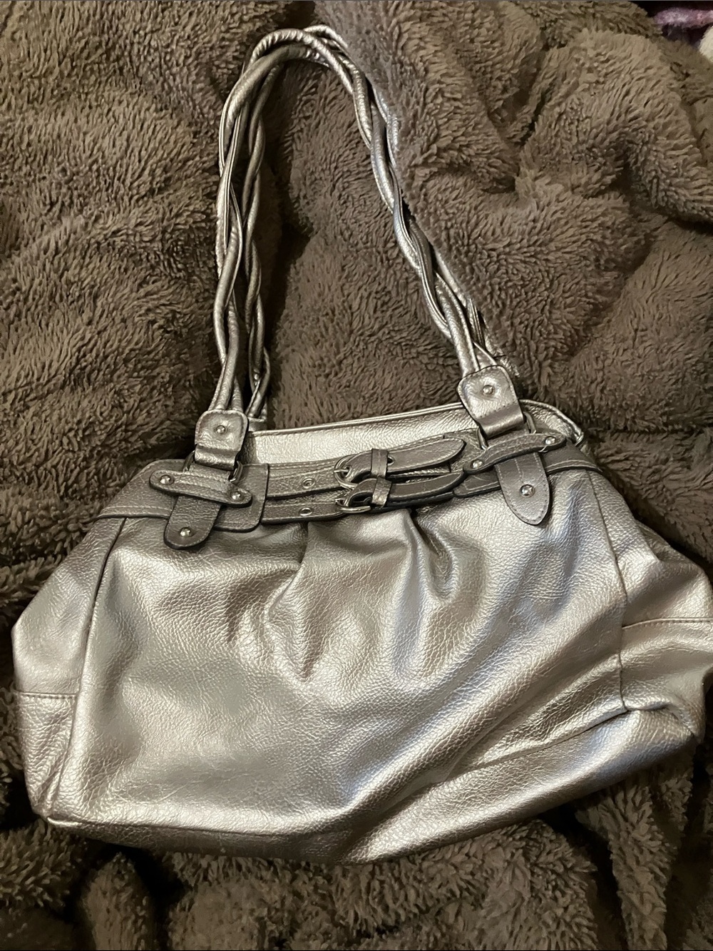Rosetti Metallic Gray Shoulder Tote with Braided Handles